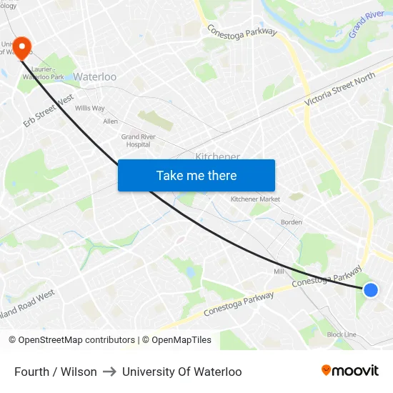 Fourth / Wilson to University Of Waterloo map