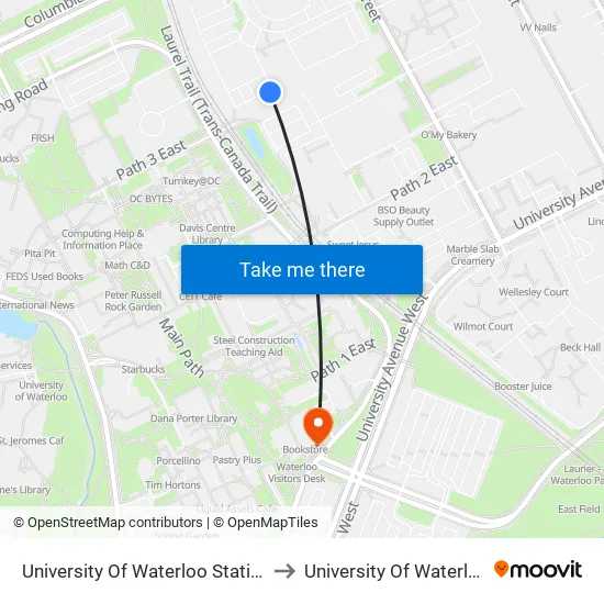 University Of Waterloo Station to University Of Waterloo map