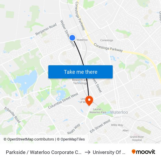 Parkside / Waterloo Corporate Campus - North to University Of Waterloo map
