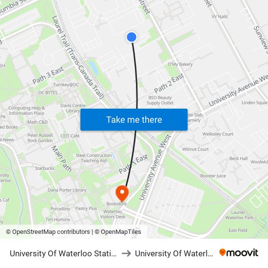 University Of Waterloo Station to University Of Waterloo map