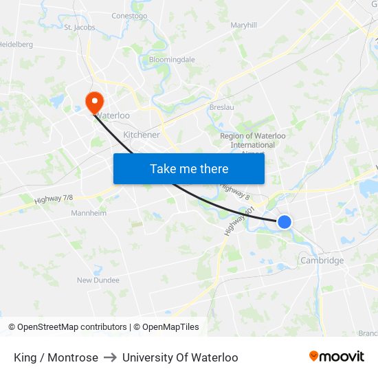 King / Montrose to University Of Waterloo map