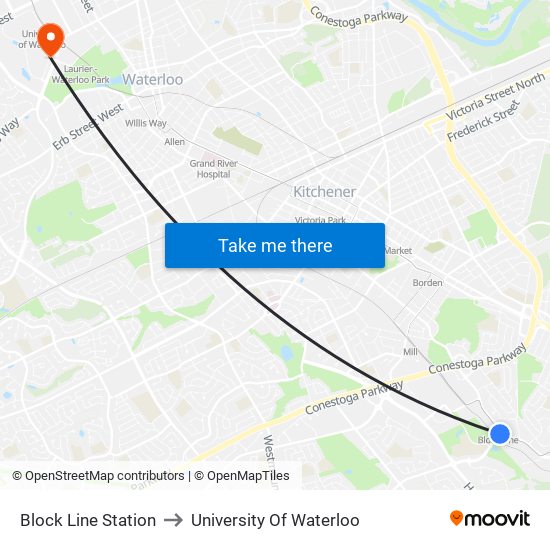 Block Line Station to University Of Waterloo map