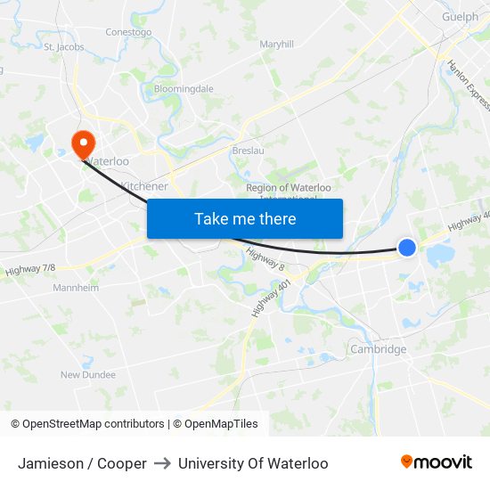 Jamieson / Cooper to University Of Waterloo map