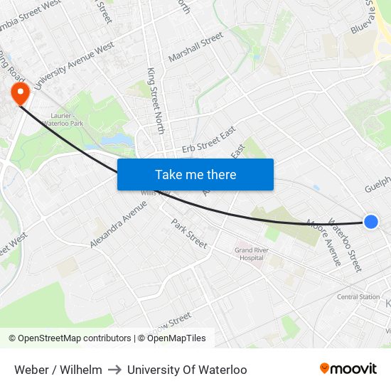 Weber / Wilhelm to University Of Waterloo map