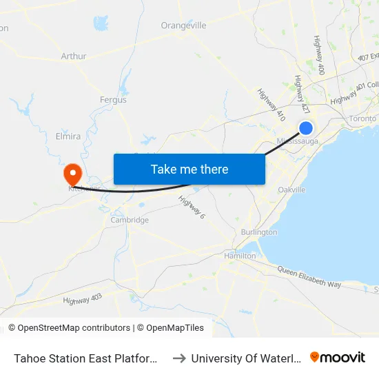 Tahoe Station East Platform A to University Of Waterloo map