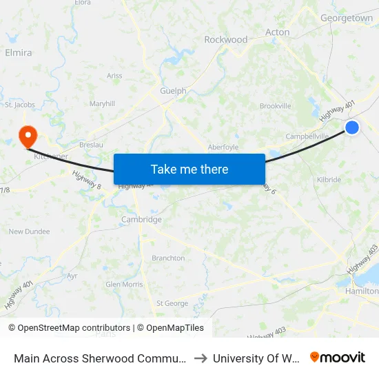 Main Across Sherwood Community Centre to University Of Waterloo map