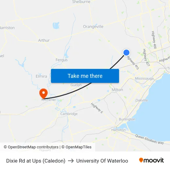 Dixie Rd at Ups (Caledon) to University Of Waterloo map