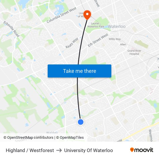 Highland / Westforest to University Of Waterloo map