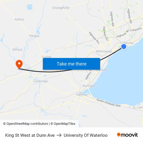 King St West at Dunn Ave to University Of Waterloo map