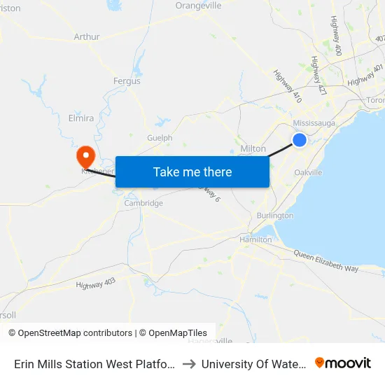 Erin Mills Station West Platform 3 to University Of Waterloo map