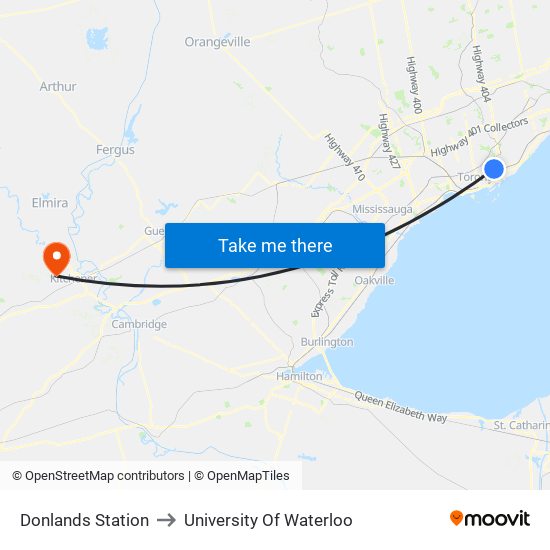 Donlands Station to University Of Waterloo map