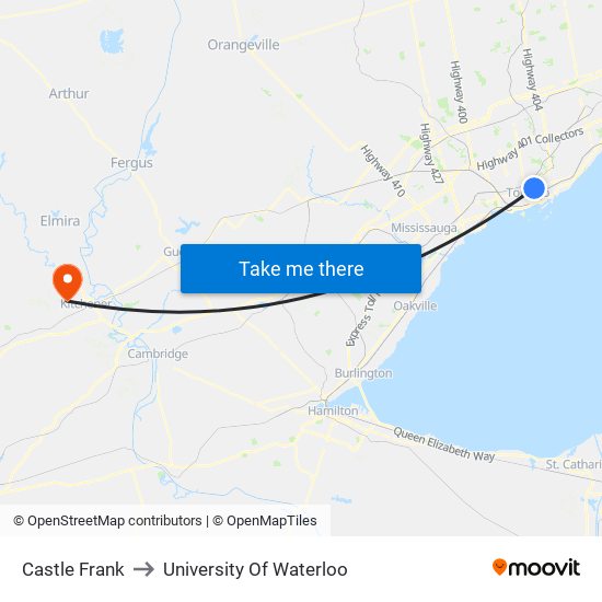 Castle Frank to University Of Waterloo map