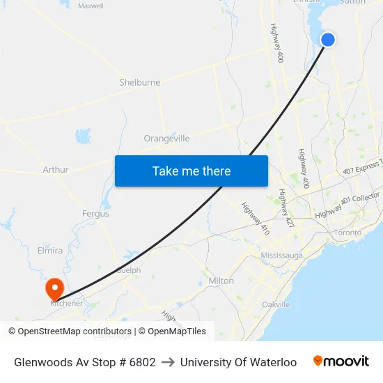 Glenwoods Av Stop # 6802 to University Of Waterloo map