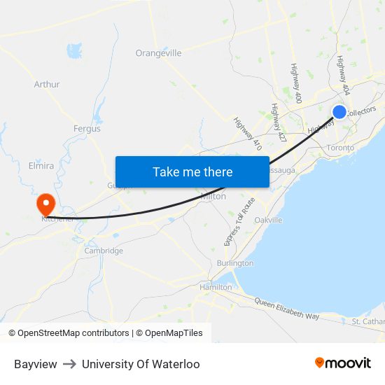 Bayview to University Of Waterloo map