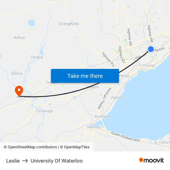 Leslie to University Of Waterloo map