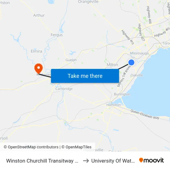 Winston Churchill Transitway Station to University Of Waterloo map