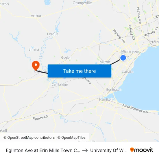 Eglinton Ave at Erin Mills Town Centre South to University Of Waterloo map