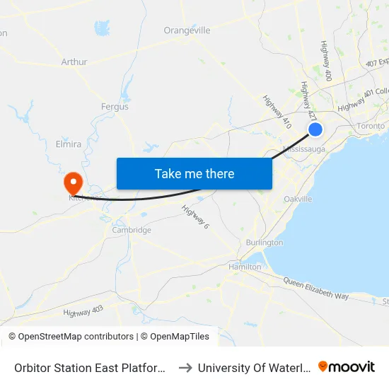 Orbitor Station East Platform A to University Of Waterloo map