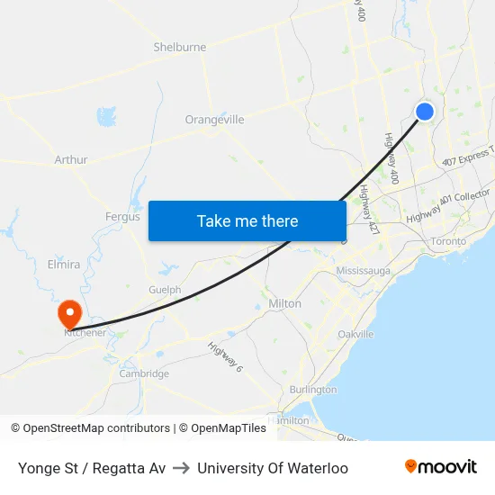 Yonge St / Regatta Av to University Of Waterloo map