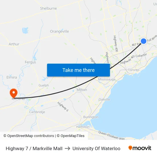 Highway 7 / Markville Mall to University Of Waterloo map
