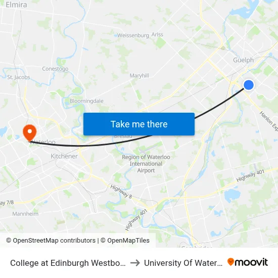 College at Edinburgh Westbound to University Of Waterloo map