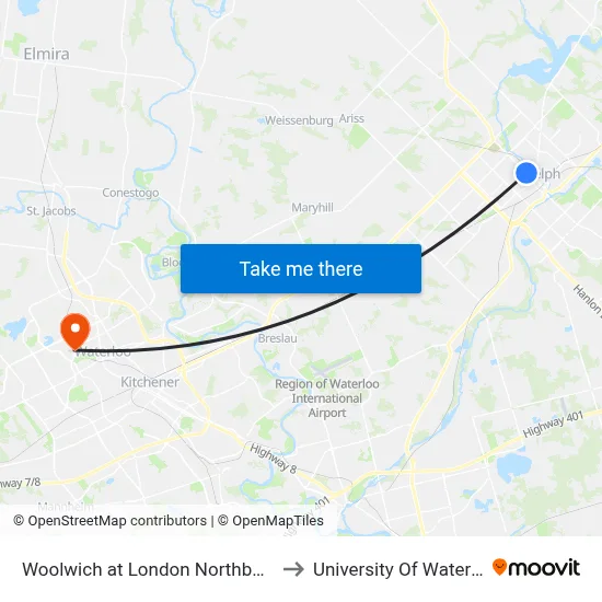 Woolwich at London Northbound to University Of Waterloo map