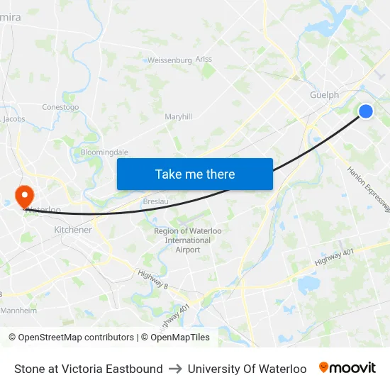 Stone at Victoria Eastbound to University Of Waterloo map