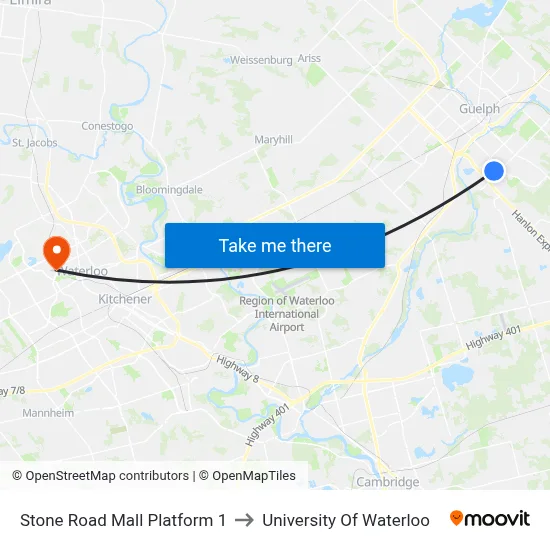 Stone Road Mall Platform 1 to University Of Waterloo map