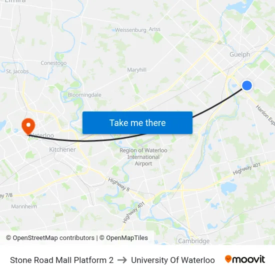 Stone Road Mall Platform 2 to University Of Waterloo map