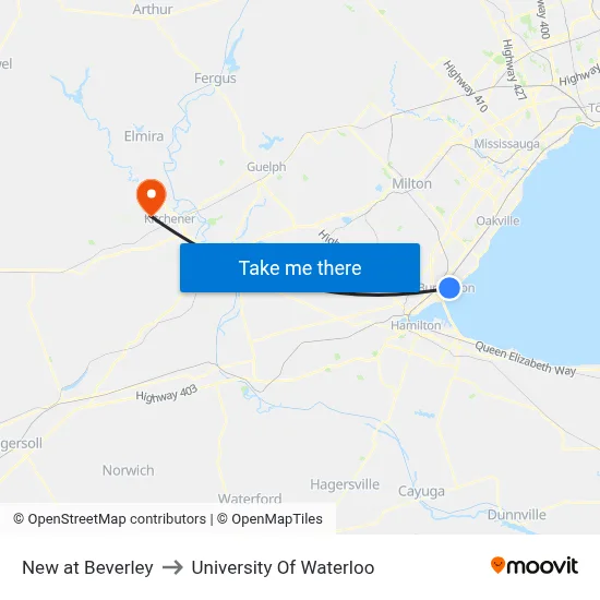 New at Beverley to University Of Waterloo map