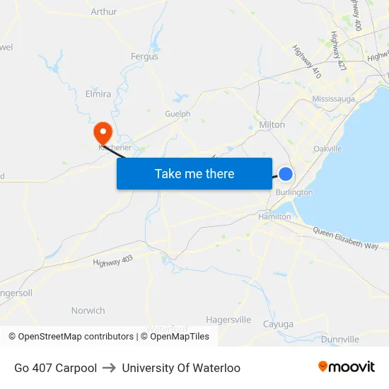 Go 407 Carpool to University Of Waterloo map
