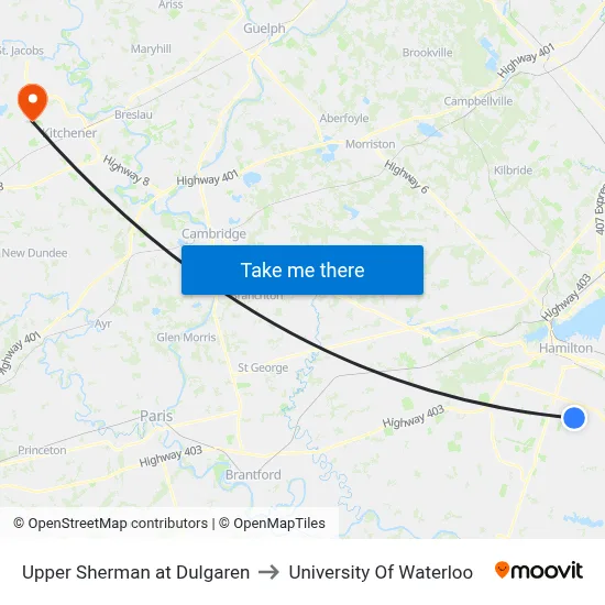 Upper Sherman at Dulgaren to University Of Waterloo map