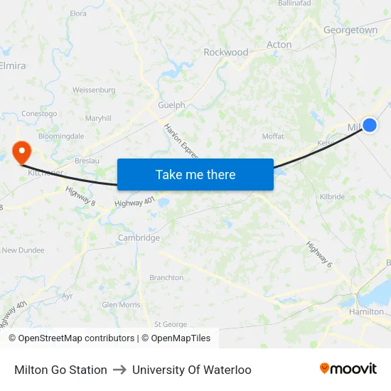 Milton Go Station to University Of Waterloo map