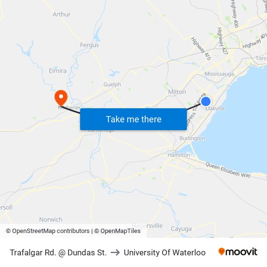 Trafalgar Rd. @ Dundas St. to University Of Waterloo map