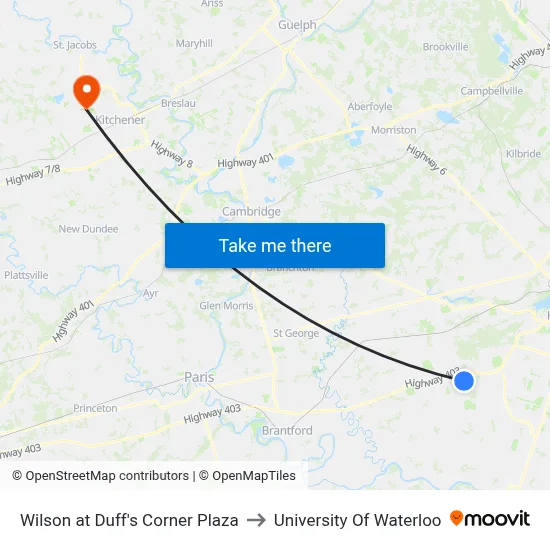 Wilson at Duff's Corner Plaza to University Of Waterloo map