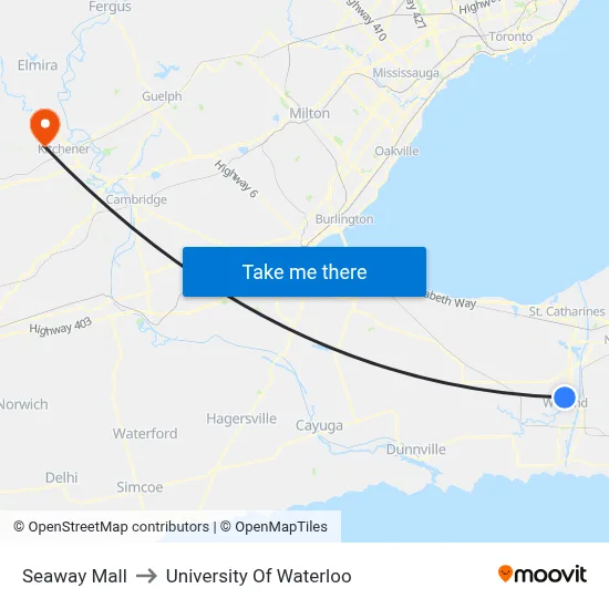 Seaway Mall to University Of Waterloo map