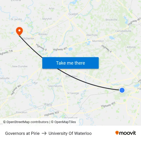 Governors at Pirie to University Of Waterloo map