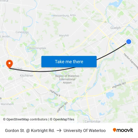 Gordon St. @ Kortright Rd. to University Of Waterloo map