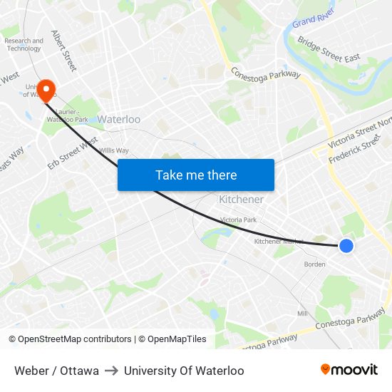 Weber / Ottawa to University Of Waterloo map