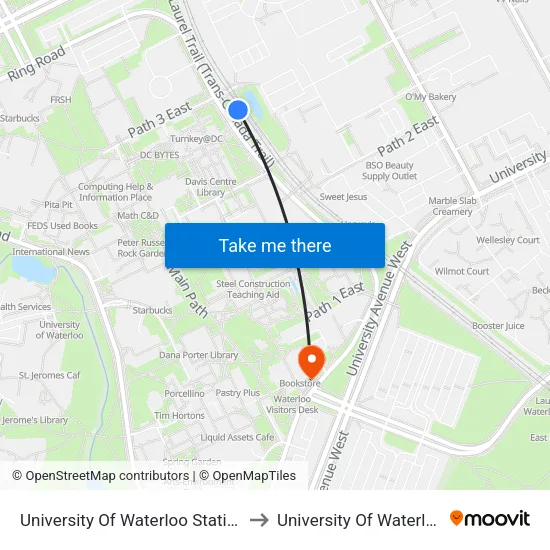University Of Waterloo Station to University Of Waterloo map