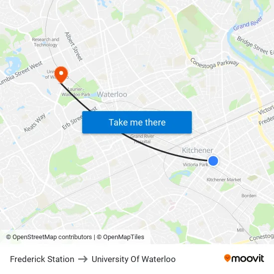 Frederick Station to University Of Waterloo map