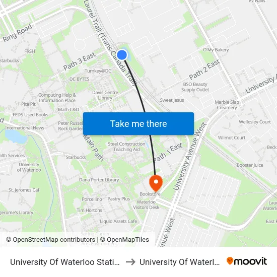 University Of Waterloo Station to University Of Waterloo map