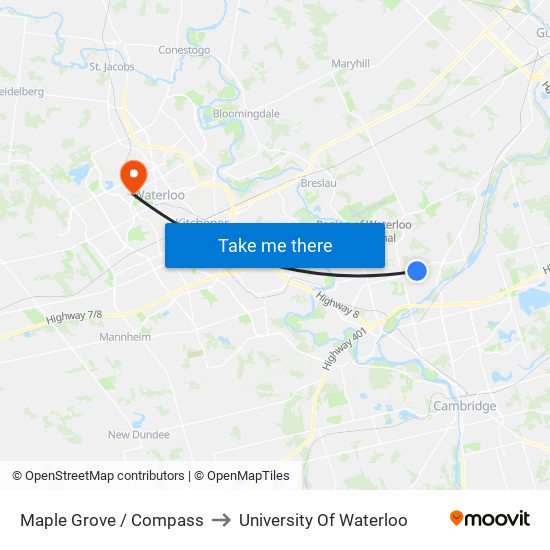 Maple Grove / Compass to University Of Waterloo map