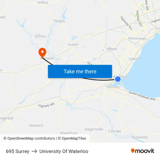 695 Surrey to University Of Waterloo map