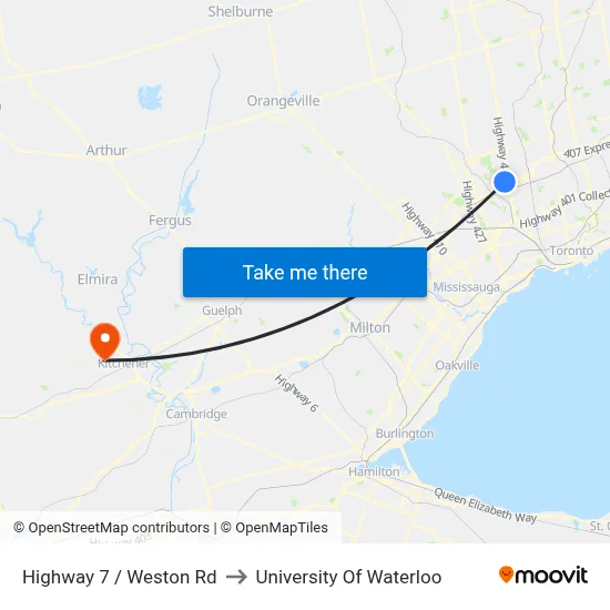 Highway 7 / Weston Rd to University Of Waterloo map
