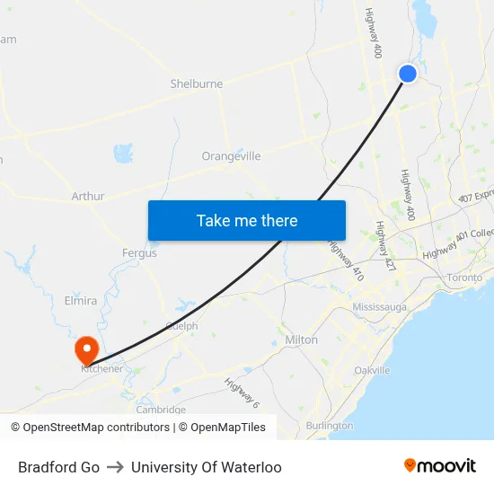 Bradford Go to University Of Waterloo map