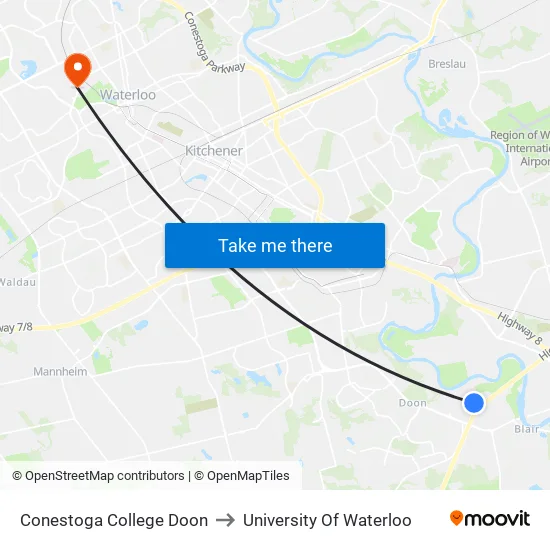 Conestoga College Doon to University Of Waterloo map