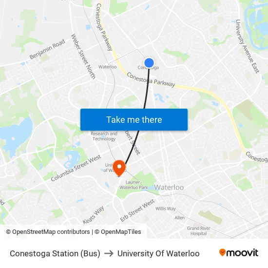 Conestoga Station (Bus) to University Of Waterloo map