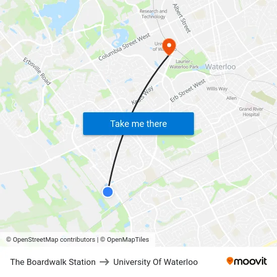 The Boardwalk Station to University Of Waterloo map