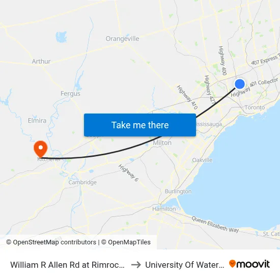William R Allen Rd at Rimrock Rd to University Of Waterloo map